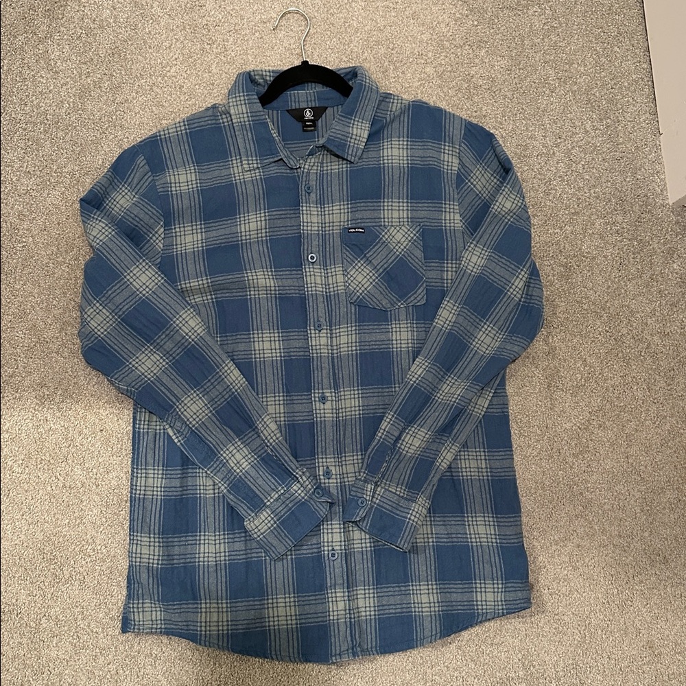 Volcom Blue and Green Flannel Shirt, Large